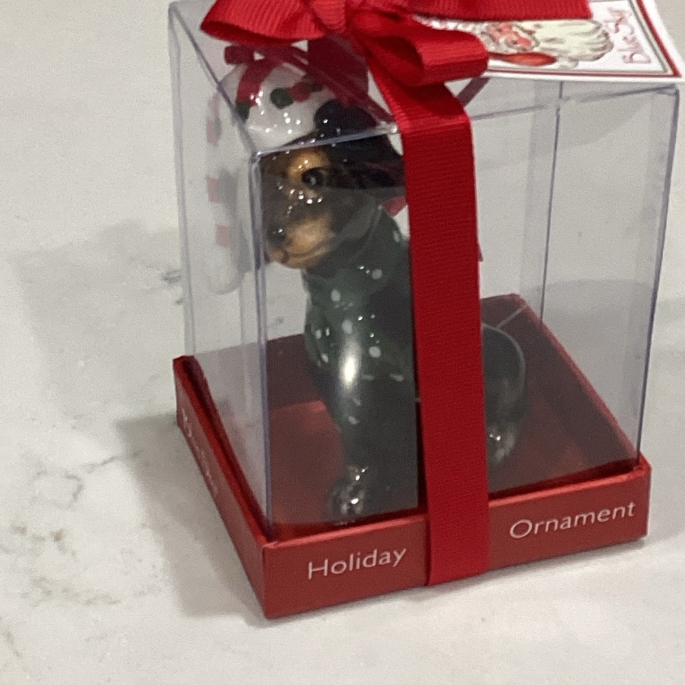 Blue Sky Dachshund Ornament with Red and Green Accents